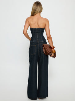 back view of model wearing Princess Polly Blue Crush Low Rise Wide Leg Jeans Indigo Mid Rise Jeans 