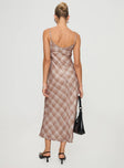 back view of model wearing Princess Polly Wallin Maxi Dress Brown Check Square Neck 