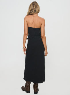 back view of model wearing Princess Polly Ermias Linen Blend Midi Skirt Black Midi Skirts 