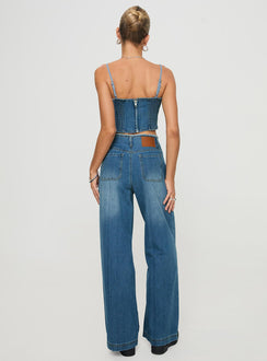 back view of model wearing Princess Polly Vihaan Wide Leg Pants Blue Wash High Waisted Pants 