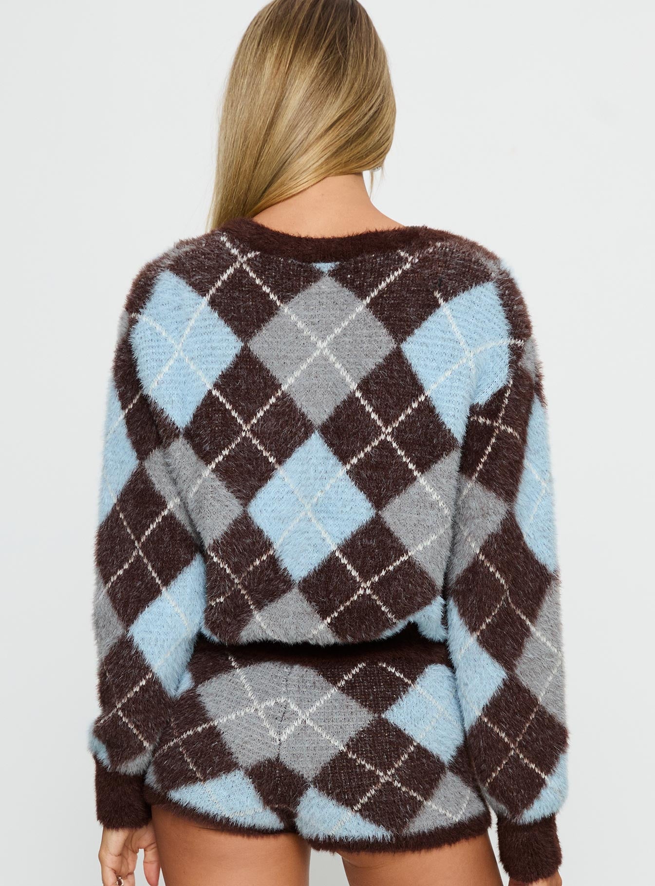 back view of model wearing Princess Polly Kenlea Button Up Cardigan Blue Argyle Cropped Jumpers 