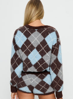 back view of model wearing Princess Polly Kenlea Button Up Cardigan Blue Argyle Cropped Jumpers 