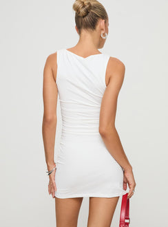 back view of model wearing Princess Polly Eklund Mini Dress White Petite High Neck 