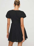 V neck mini dress Tie fastening at front, puff sleeves, invisible zip fastening at back  Non-stretch, partially lined  