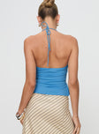 back view of model wearing Princess Polly Rehna Halter Top Blue Sleeveless Sweetheart 