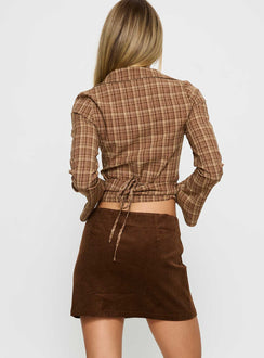 back view of model wearing Princess Polly Araceli Corduroy Mini Skirt Brown Mini Skirts 