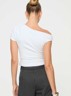 back view of model wearing Princess Polly Harrish One Shoulder Top White Short Sleeves Asymmetric Neckline 