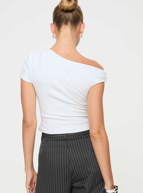 back view of model wearing Princess Polly Harrish One Shoulder Top White Short Sleeves Asymmetric Neckline 