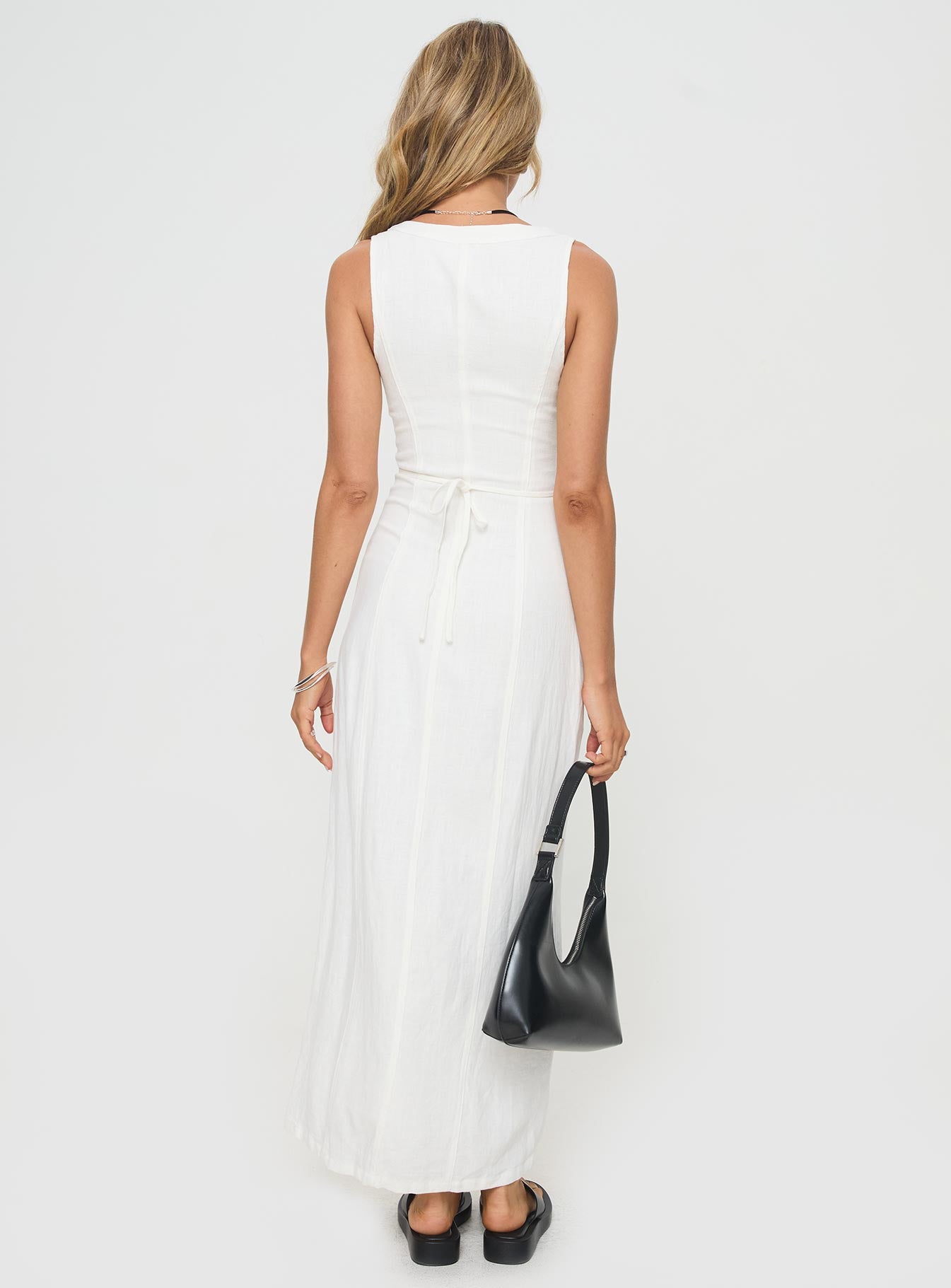 back view of model wearing Princess Polly Summer Season Linen Blend Maxi Dress White Petite V-Neck 