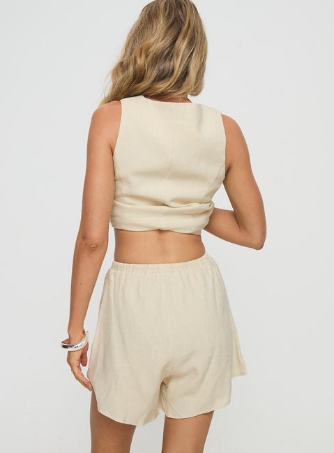 back view of model wearing Princess Polly This Summer Linen Blend Shorts Sand High Waisted Shorts 