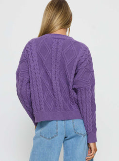 back view of model wearing Princess Polly Dillian Cable Knit Cardigan Purple Cropped 