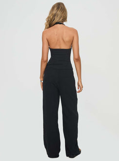 back view of model wearing Princess Polly Clouded Linen Blend Vest Top Black Sleeveless Plunger 