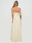 back view of model wearing Princess Polly Slow Dance Linen Blend Maxi Dress Cream / Blue Square Neck 