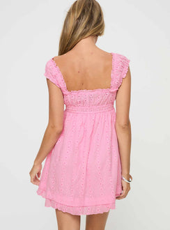 back view of model wearing Princess Polly Carlita Mini Dress Pink Petite Square Neck 