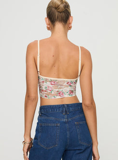 back view of model wearing Princess Polly Romania Top Cream / Floral Sleeveless Sweetheart 