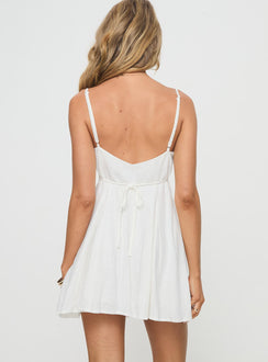 back view of model wearing Princess Polly Elian Linen Blend Mini Dress White Square Neck 