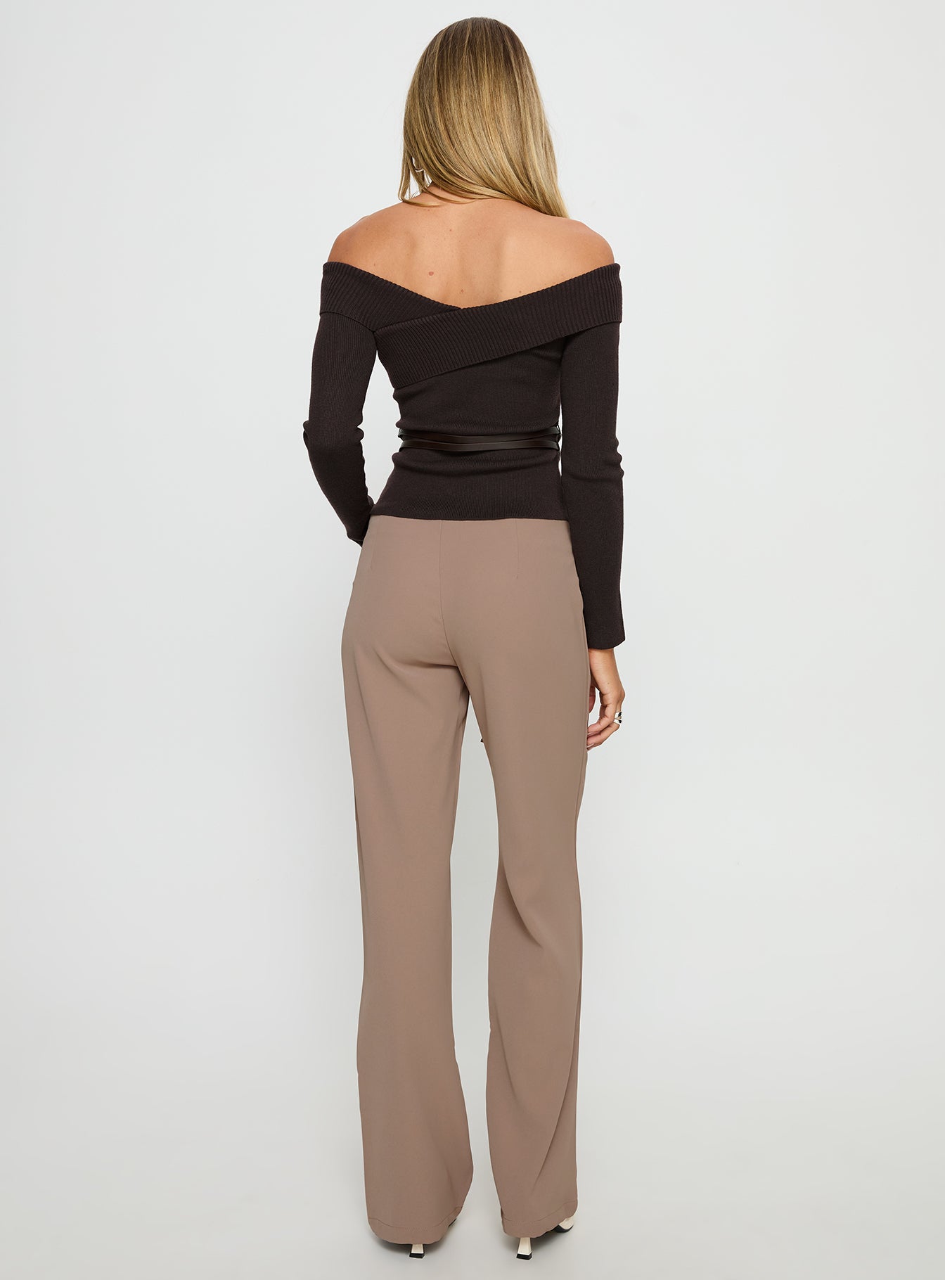 back view of model wearing Princess Polly Narratives Wrap Tie Trouser Pant Taupe Mid Rise Pants 