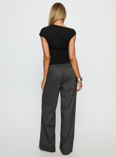 back view of model wearing Princess Polly Jaysa Baggy Wide Leg Pant Grey Pinstripe High Rise Pants 