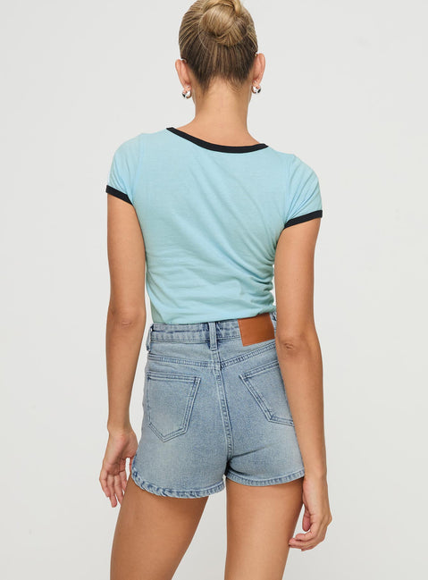 back view of model wearing Princess Polly Richardsons Denim Shorts Light Blue Wash High Waisted Shorts 