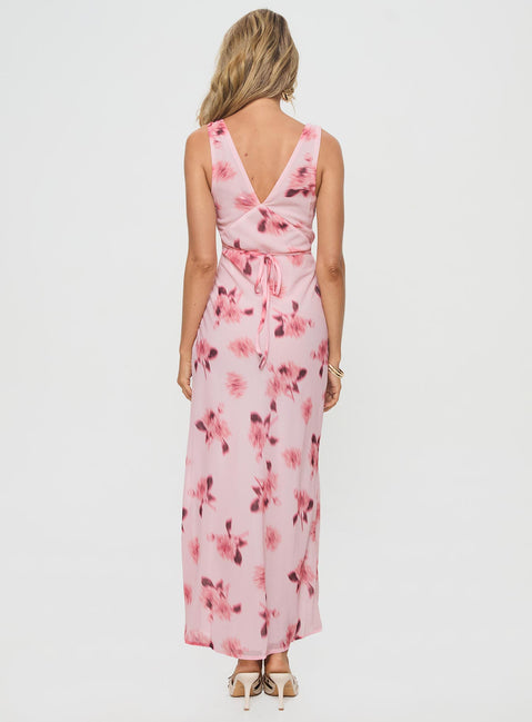 back view of model wearing Princess Polly Maysa Floral Maxi Dress Pink Plunger 