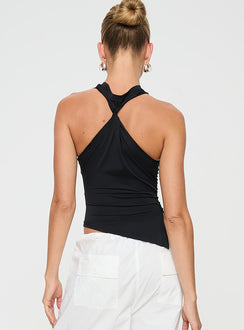 back view of model wearing Princess Polly Till Next Time Top Black Sleeveless High Neck 