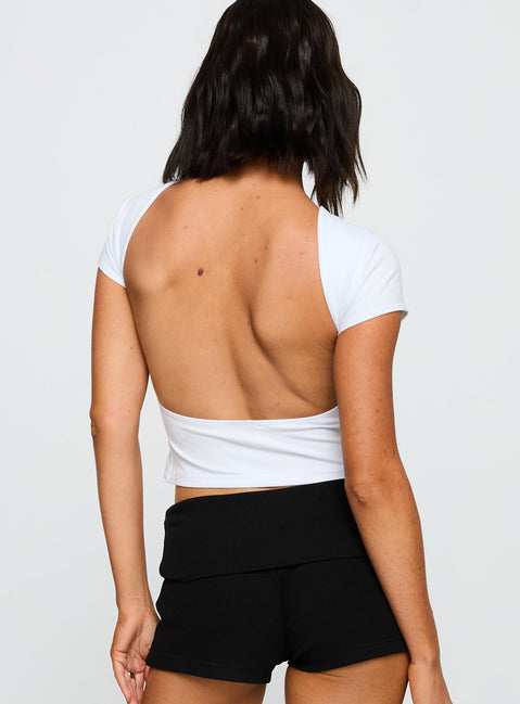 back view of model wearing Princess Polly Stanford Comeback Top White Short Sleeves Crew Neck 