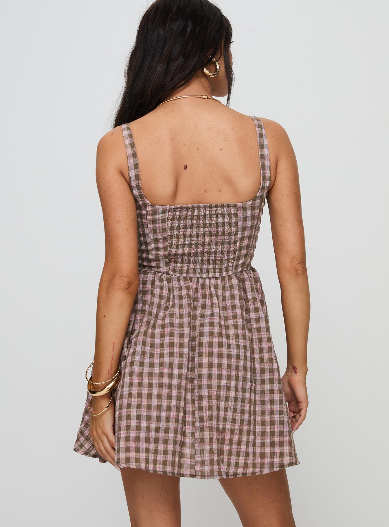 back view of model wearing Princess Polly Cartmel Mini Dress Brown / Pink Square Neck 
