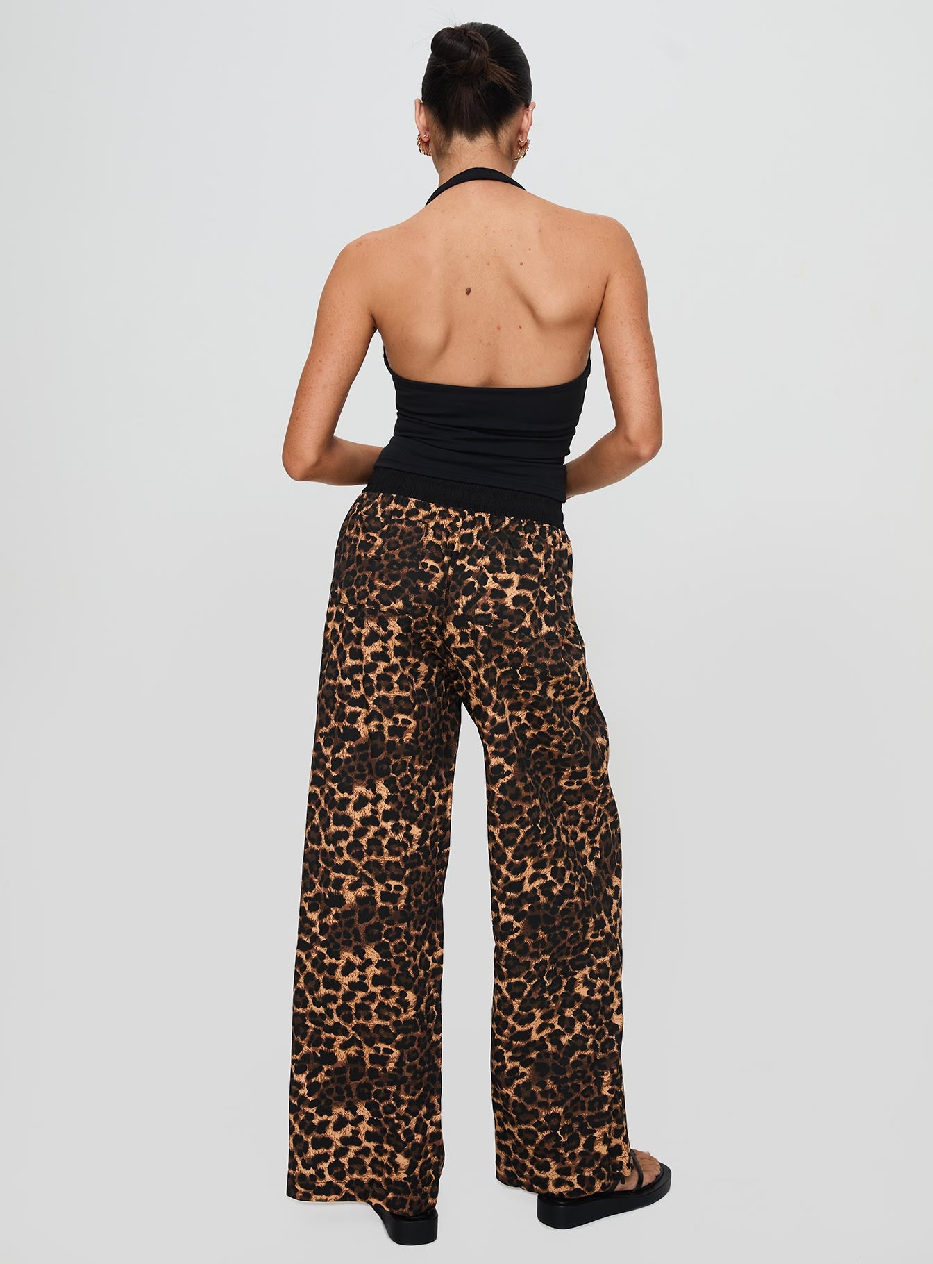 back view of model wearing Princess Polly Zephura Boxer Pant Leopard High Waisted Pants 