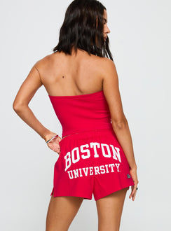 back view of model wearing Princess Polly Boston University Soffee Shorts Red High Waisted Shorts 