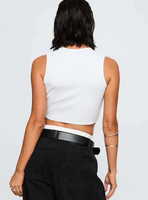back view of model wearing Princess Polly UCLA Cutoff Tank Top White Sleeveless Crew Neck 