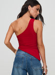 back view of model wearing Princess Polly Machiatto One Shoulder Top Red Sleeveless Asymmetric Neckline 