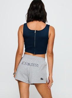 back view of model wearing Princess Polly UC San Diego Jersey Corset Top Blue Sleeveless Square Neck 