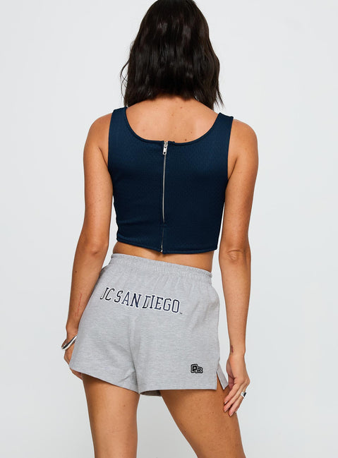 back view of model wearing Princess Polly UC San Diego Jersey Corset Top Blue Sleeveless Square Neck 