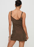 back view of model wearing Princess Polly Laurette Mini Dress Brown V-Neck 