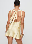 back view of model wearing Princess Polly Kingslie Low Back Mini Dress Baby Yellow V-Neck 