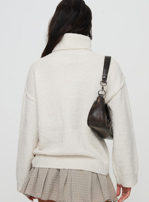 back view of model wearing Princess Polly Finnien Boucle Turtleneck Sweater Cream Long 