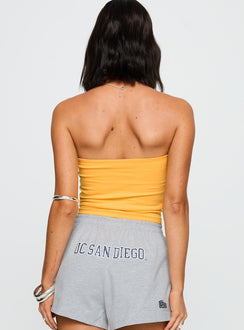 back view of model wearing Princess Polly UC San Diego Tube Top Gold Sleeveless straight 
