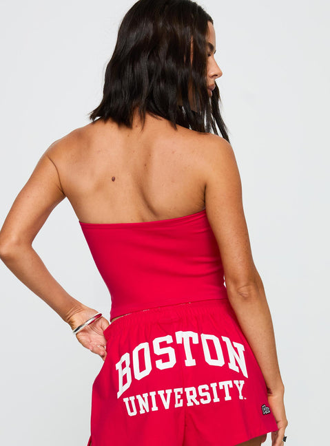 back view of model wearing Princess Polly Boston University Tube Top Red Sleeveless straight 