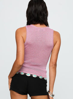 back view of model wearing Princess Polly No Pretending Top Pink Glitter Sleeveless Crew Neck 