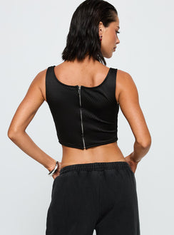back view of model wearing Princess Polly SDSU Jersey Corset Top Black Sleeveless Square Neck 