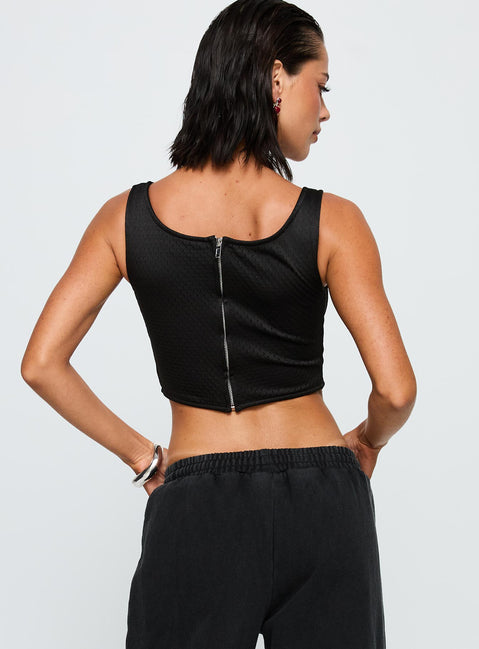 back view of model wearing Princess Polly SDSU Jersey Corset Top Black Sleeveless Square Neck 