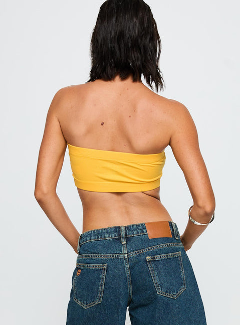 back view of model wearing Princess Polly UC Irvine Bandeau Top Gold Sleeveless straight 
