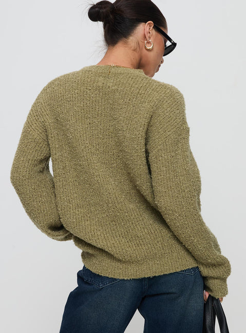 back view of model wearing Princess Polly South End Knit Sweater Khaki Long 