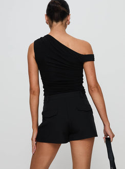 back view of model wearing Princess Polly Deuce Split Skort Black High Waisted Shorts 
