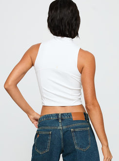 back view of model wearing Princess Polly USC Belle Tank Top White Sleeveless High Neck 