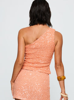 back view of model wearing Princess Polly Zaraya Sequin One Shoulder Top Orange Sleeveless Asymmetric Neckline 