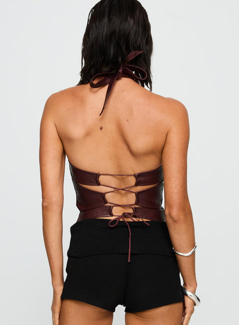 back view of model wearing Princess Polly Treat You Better Ring Detail Faux Leather Top Burgundy Sleeveless Asymmetric Neckline 