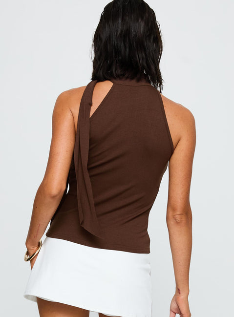 back view of model wearing Princess Polly Mathias Top Chocolate Sleeveless High Neck 
