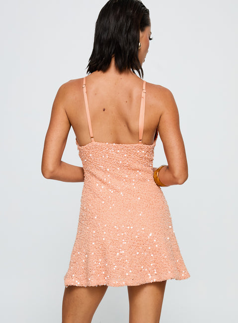 back view of model wearing Princess Polly Feel The Vibrations Sequin Mini Dress Orange Plunger 