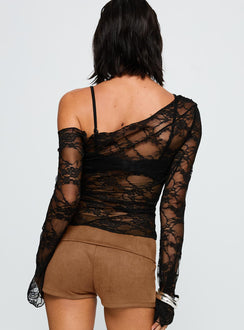 back view of model wearing Princess Polly How Ironic One Shoulder Lace Top Black Full Sleeves Asymmetric Neckline 